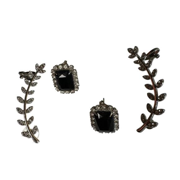 Elegant Black Crystal Rhinestone Earrings Lot Leaf Vine Dangle & Square Studs - Picture 2 of 3